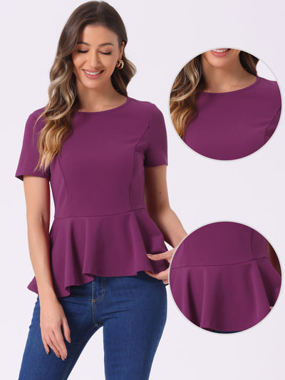 Short Sleeve Round Neck Solid Color Peplum Blouse