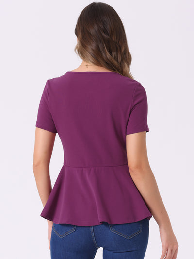 Short Sleeve Round Neck Solid Color Peplum Blouse