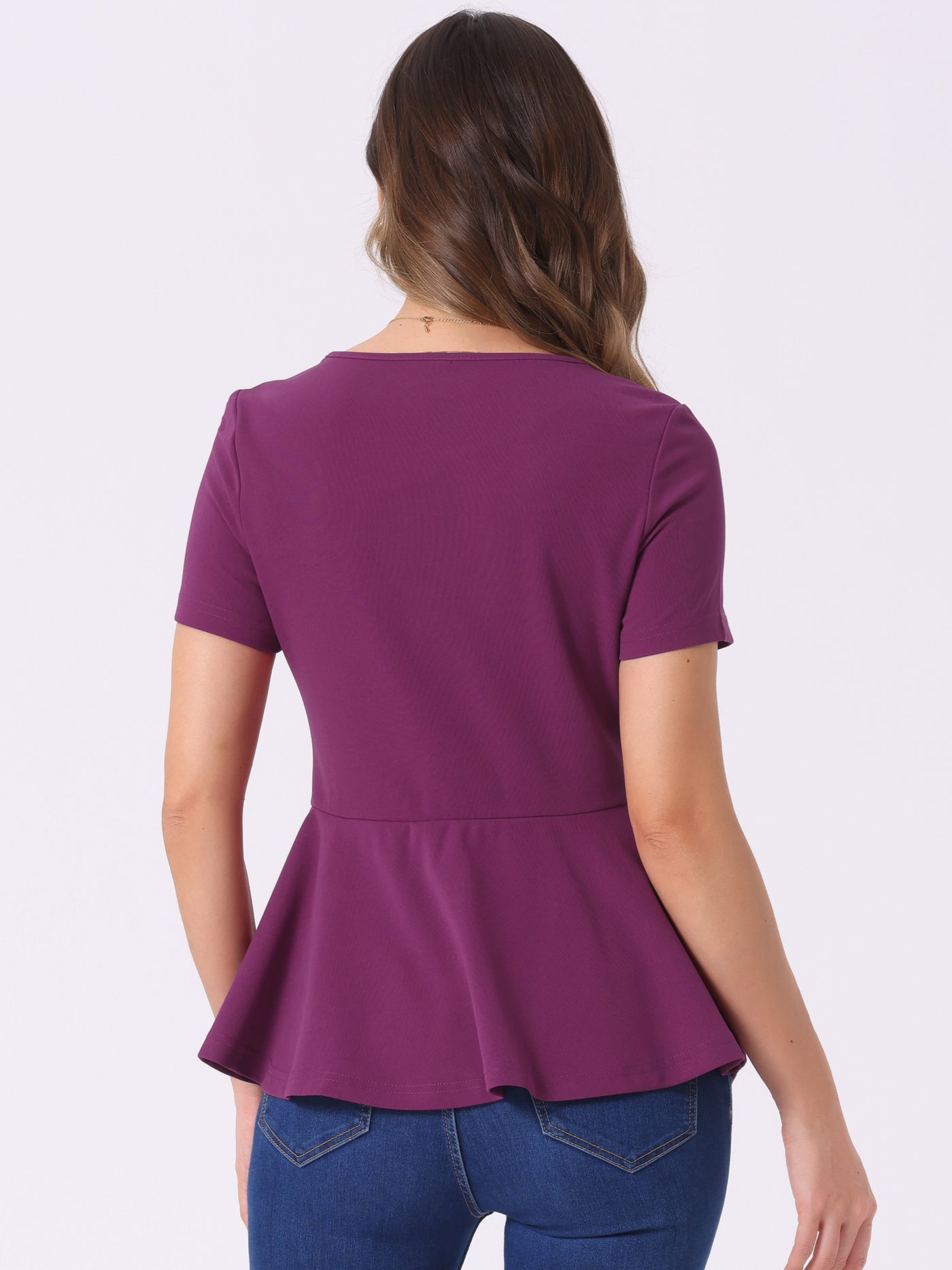 Allegra K Short Sleeve Round Neck Solid Color Peplum Blouse