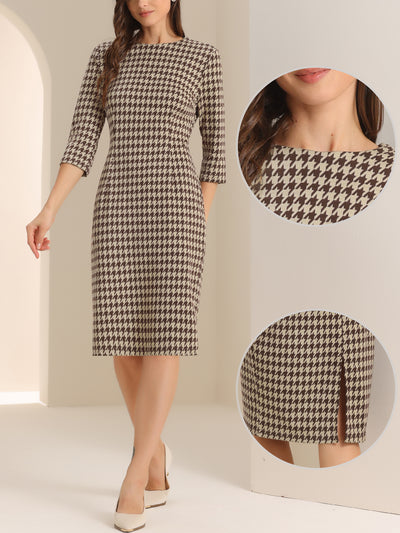 Houndstooth 3/4 Sleeve Elegant Cinched Waist Sheath Dress