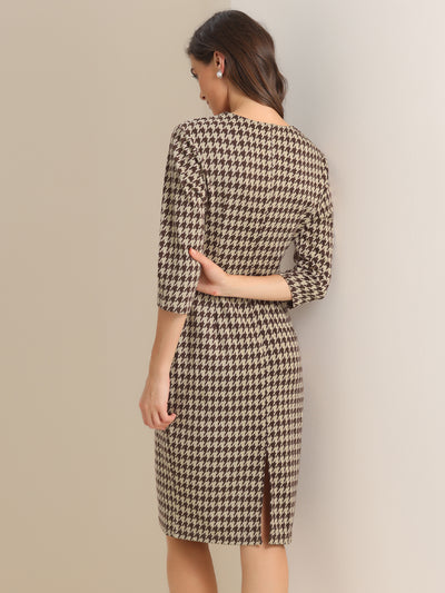 Houndstooth 3/4 Sleeve Elegant Cinched Waist Sheath Dress