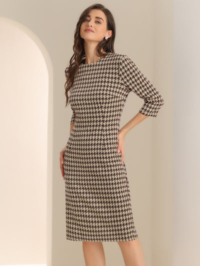 Houndstooth 3/4 Sleeve Elegant Cinched Waist Sheath Dress