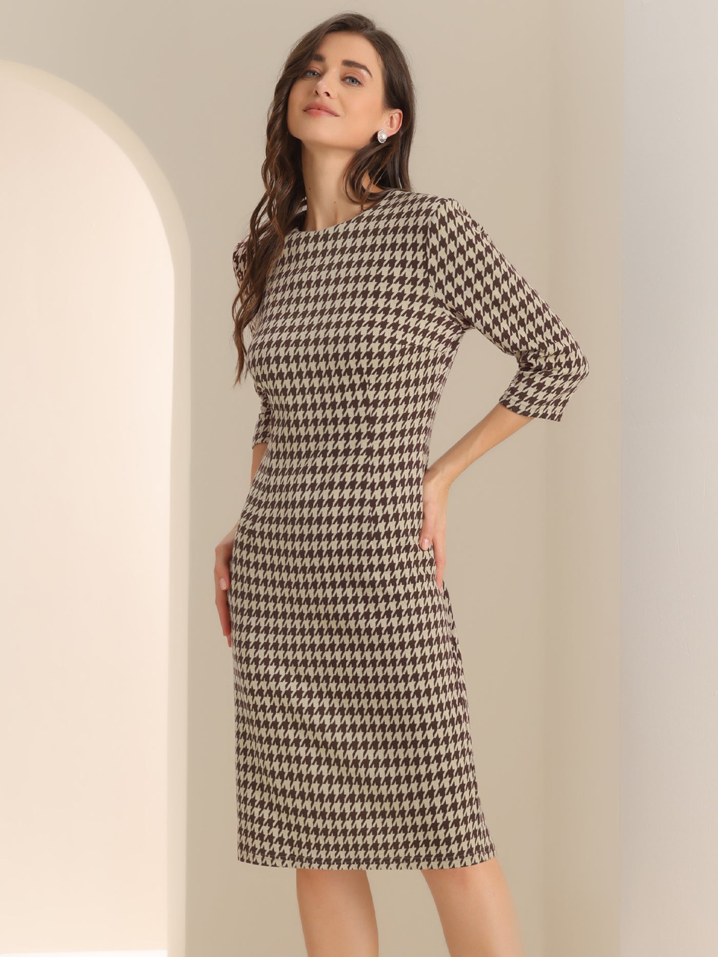 Allegra K Houndstooth 3/4 Sleeve Elegant Cinched Waist Sheath Dress