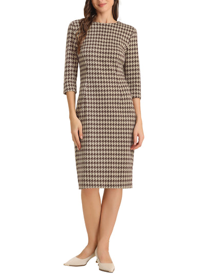 Houndstooth 3/4 Sleeve Elegant Cinched Waist Sheath Dress