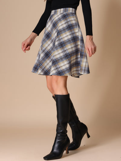 Vintage Plaid Tartan Elastic Waist Knee Length A-Line Skirt