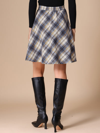 Vintage Plaid Tartan Elastic Waist Knee Length A-Line Skirt