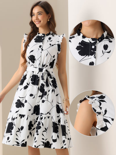 Floral Sleeveless Ruffle Neck Lace-Up Midi Dress