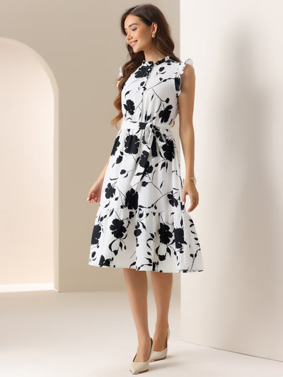 Floral Sleeveless Ruffle Neck Lace-Up Midi Dress