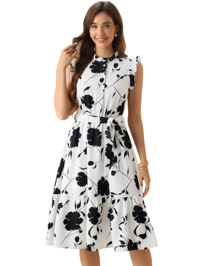 Floral Sleeveless Ruffle Neck Lace-Up Midi Dress