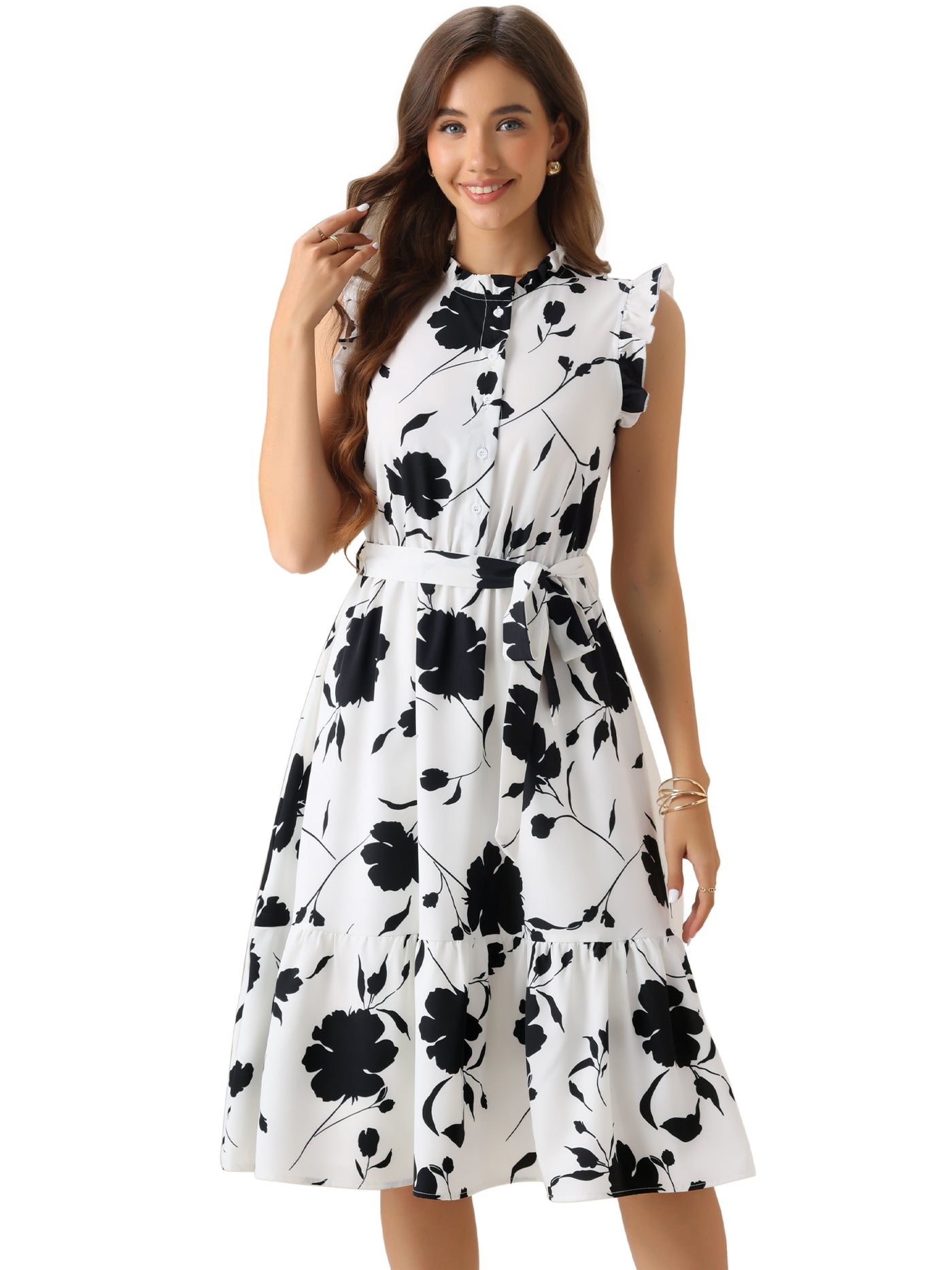 Allegra K Floral Sleeveless Ruffle Neck Lace-Up Midi Dress