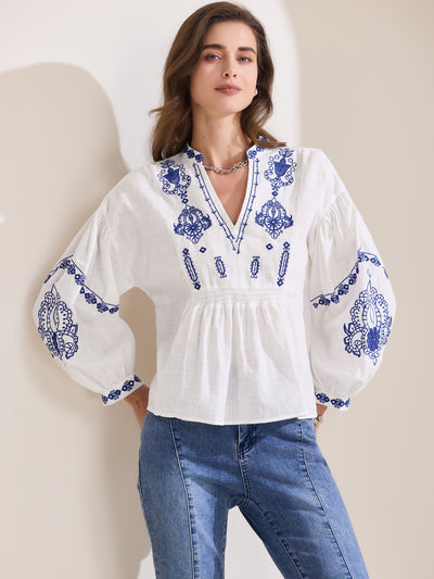 Women's Summer Embroidered Blouse V Neck Long Sleeve Flowy Casual Top