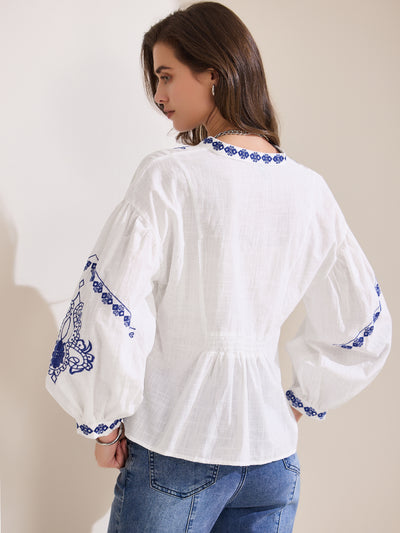 Women's Summer Embroidered Blouse V Neck Long Sleeve Flowy Casual Top