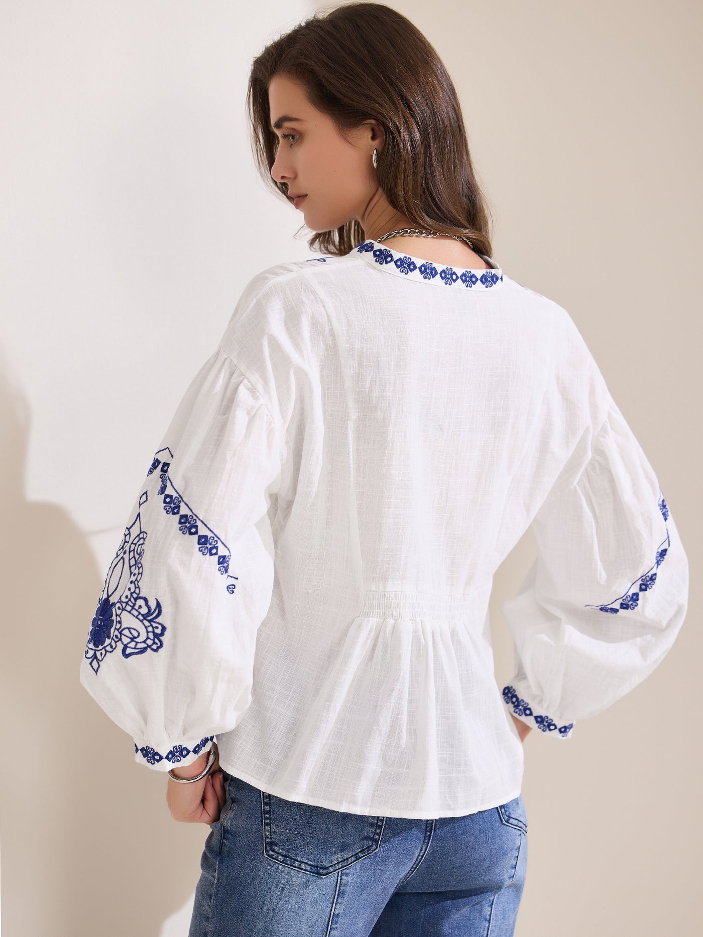 Allegra K Women's Summer Embroidered Blouse V Neck Long Sleeve Flowy Casual Top