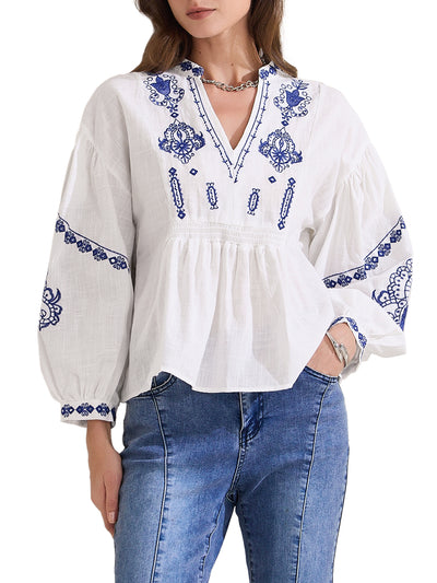 Women's Summer Embroidered Blouse V Neck Long Sleeve Flowy Casual Top