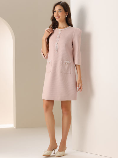 Tweed Round Neck Faux Pearl Button Puff 3/4 Sleeves Dress