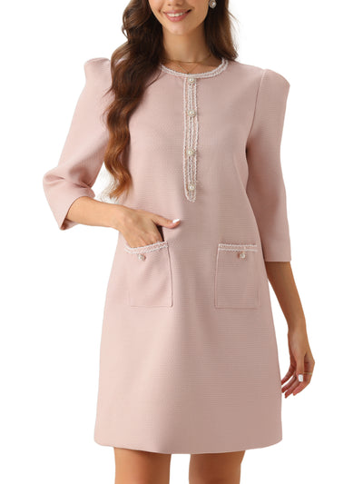 Tweed Round Neck Faux Pearl Button Puff 3/4 Sleeves Dress