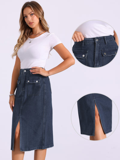 Denim Pocketed Split Hem Casual Midi Jean Skirt