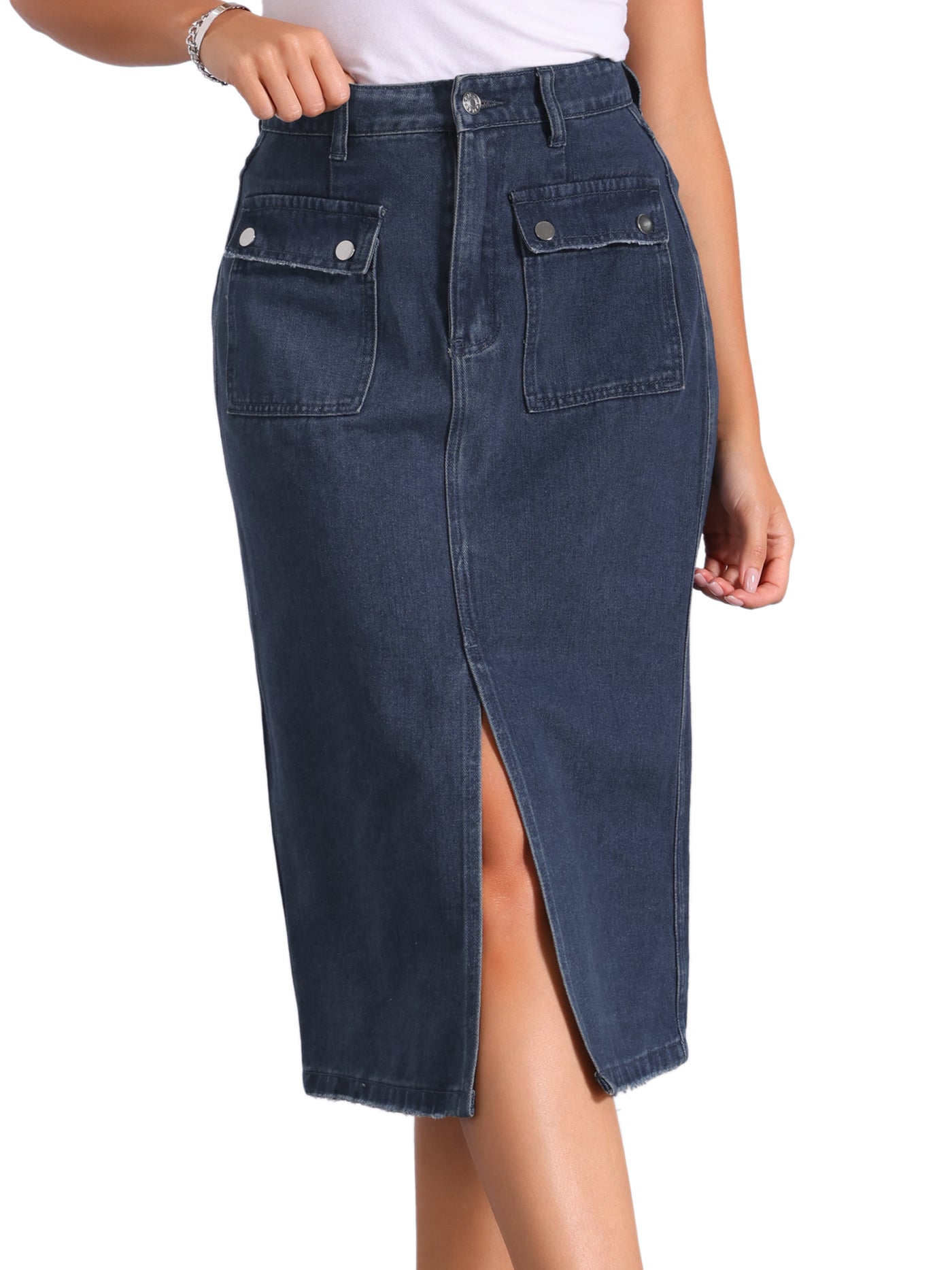 Allegra K Denim Pocketed Split Hem Casual Midi Jean Skirt