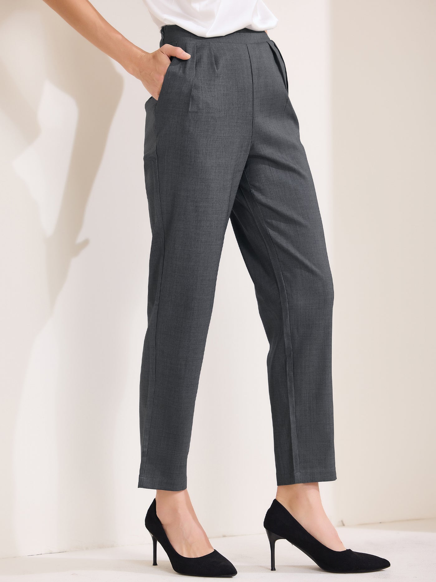 Allegra K High Waist Pocketed Straight Leg Ankle Pants Slacks