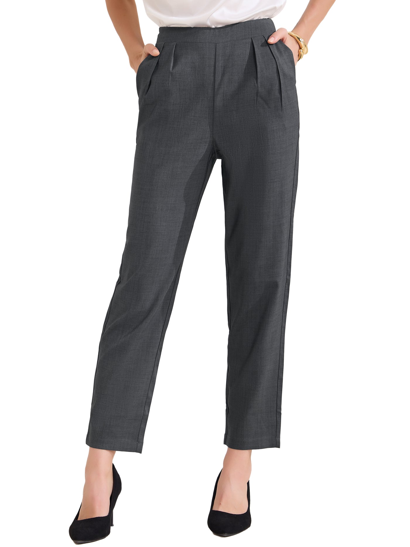 Allegra K High Waist Pocketed Straight Leg Ankle Pants Slacks