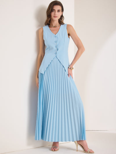 2 Pieces V Neck Sleeveless Button Vest & Maxi Pleated Skirts Set