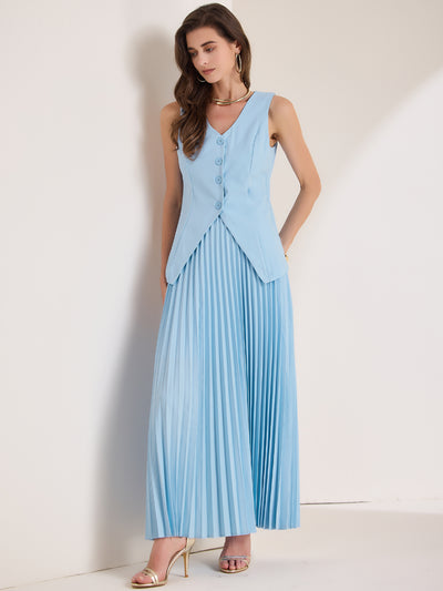 2 Pieces V Neck Sleeveless Button Vest & Maxi Pleated Skirts Set