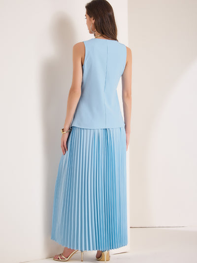 2 Pieces V Neck Sleeveless Button Vest & Maxi Pleated Skirts Set