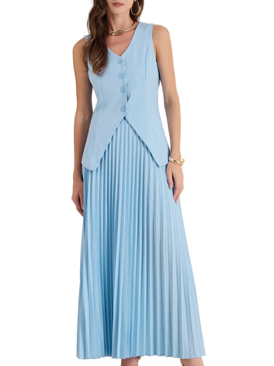 2 Pieces V Neck Sleeveless Button Vest & Maxi Pleated Skirts Set