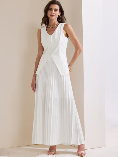 2 Pieces V Neck Sleeveless Button Vest & Maxi Pleated Skirts Set