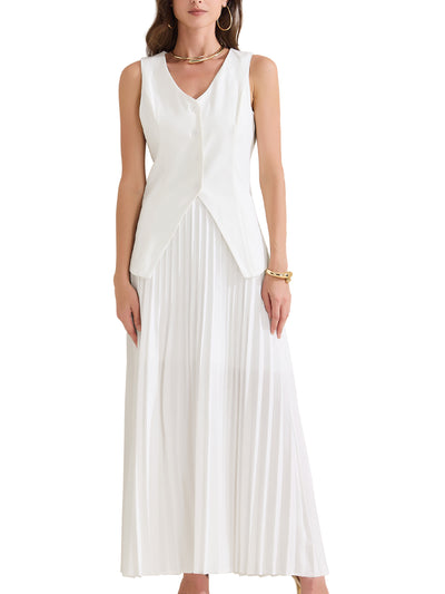 2 Pieces V Neck Sleeveless Button Vest & Maxi Pleated Skirts Set