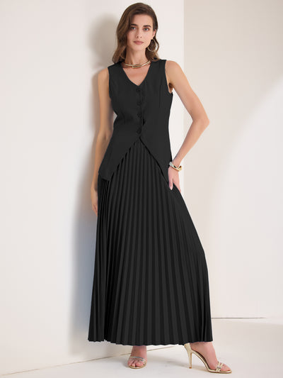 2 Pieces V Neck Sleeveless Button Vest & Maxi Pleated Skirts Set