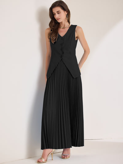 2 Pieces V Neck Sleeveless Button Vest & Maxi Pleated Skirts Set