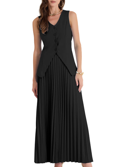 2 Pieces V Neck Sleeveless Button Vest & Maxi Pleated Skirts Set