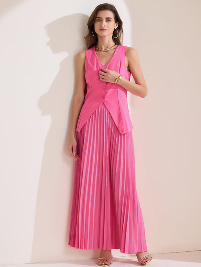 2 Pieces V Neck Sleeveless Button Vest & Maxi Pleated Skirts Set