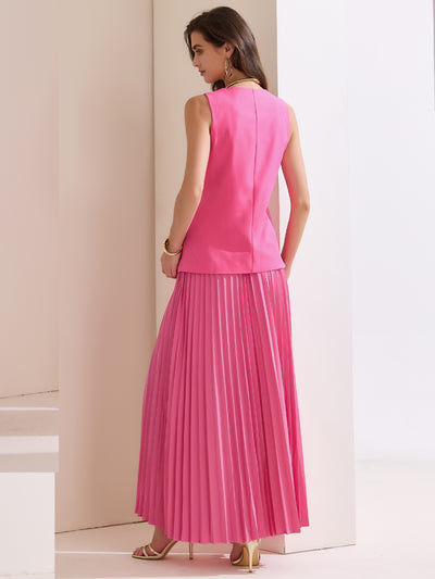 2 Pieces V Neck Sleeveless Button Vest & Maxi Pleated Skirts Set