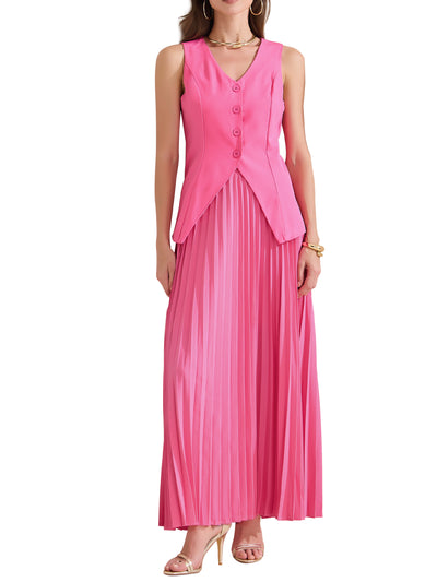 2 Pieces V Neck Sleeveless Button Vest & Maxi Pleated Skirts Set