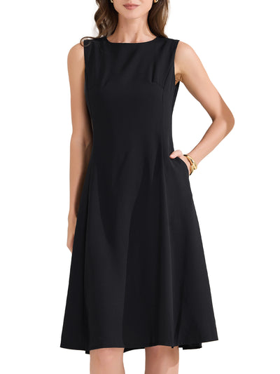 Crew Neck Sleeveless Pocketed A-Line Midi Dress