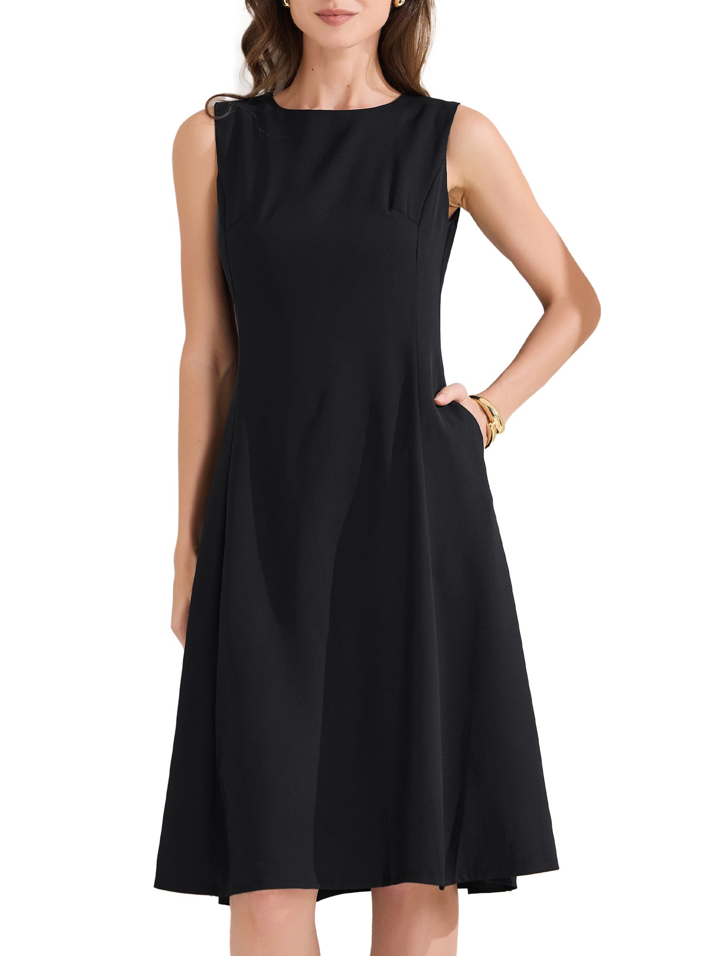 Allegra K Crew Neck Sleeveless Pocketed A-Line Midi Dress