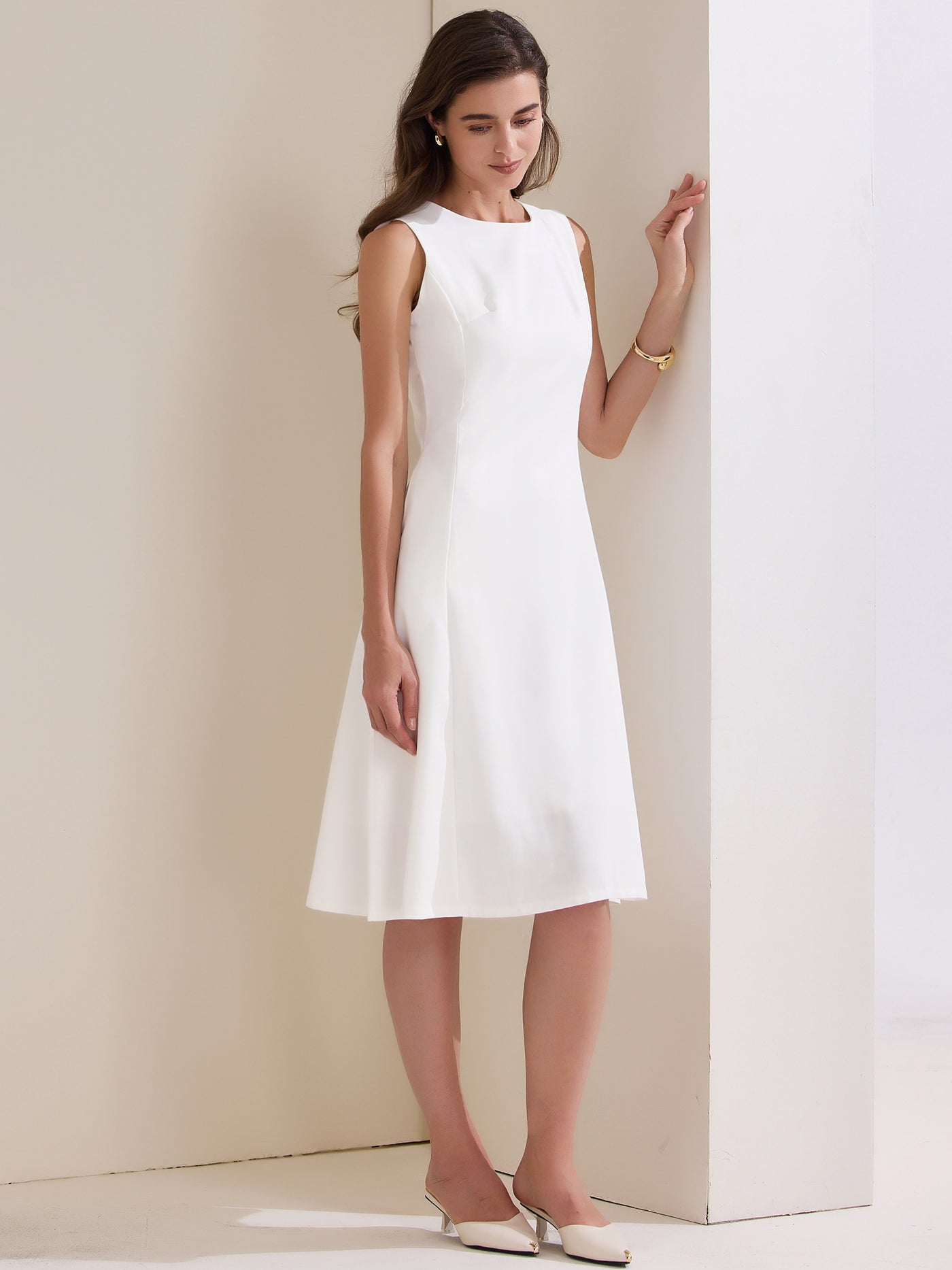 Allegra K Crew Neck Sleeveless Pocketed A-Line Midi Dress