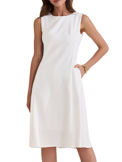 Crew Neck Sleeveless Pocketed A-Line Midi Dress