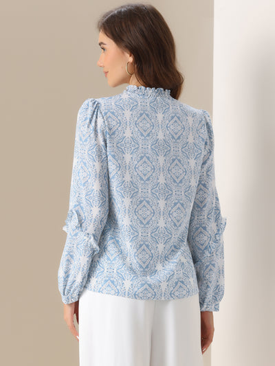 Ruffled Long Sleeve Boho Print Blouses Top