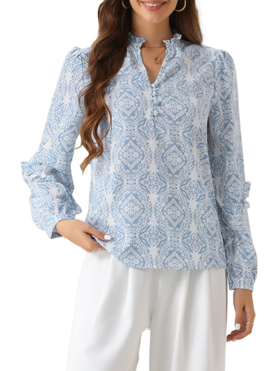 Ruffled Long Sleeve Boho Print Blouses Top