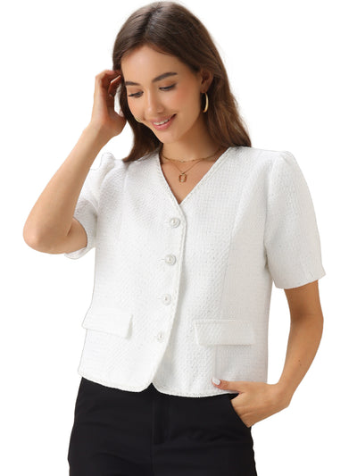 Tweed Collarless Blazer for Women's Work Office Cropped V Neck Short Sleeve Jacket