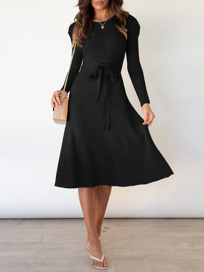 Puff Long Sleeves Knitted Lace-Up Midi Sweater Dress