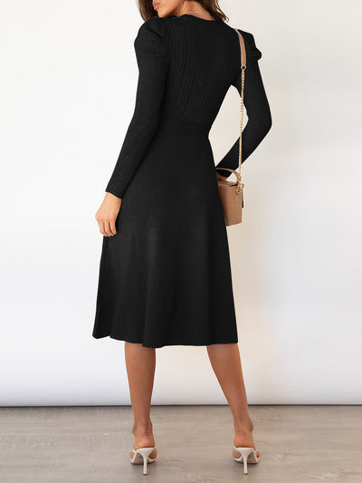 Puff Long Sleeves Knitted Lace-Up Midi Sweater Dress