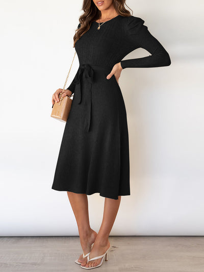 Puff Long Sleeves Knitted Lace-Up Midi Sweater Dress