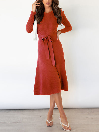 Puff Long Sleeves Knitted Lace-Up Midi Sweater Dress