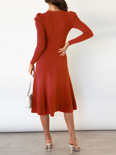 Puff Long Sleeves Knitted Lace-Up Midi Sweater Dress