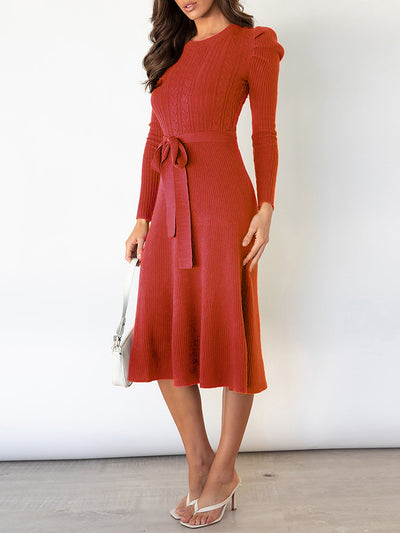 Puff Long Sleeves Knitted Lace-Up Midi Sweater Dress