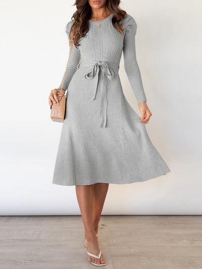 Puff Long Sleeves Knitted Lace-Up Midi Sweater Dress